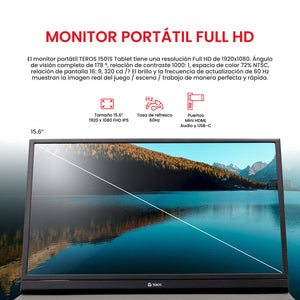 TEROS 1501S Monitor portátil 15.6 TEROS Full HD 1080P ultradelgado con HDR. Ideal para gaming, trabajo y viajes. Compatible con PC y consolas.